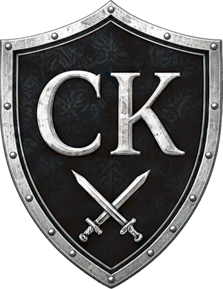 The Card Keeper crest: a shield lettered CK over crossed swords
